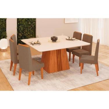 Imagem de Conjunto: Mesa Sala Jantar Itália c/ Tampo Madeirado c/ Vidro Curvo 136x136cm e 6 Cadeiras Lia Freijo/Off White - Linho Bege - DJ Móveis