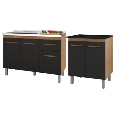 Imagem de Kit Balcão Para Pia 120 cm Anita + Balcão Para Cooktop Jade 5 Bocas - Savana/Preto