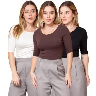 Imagem de Kit 3 Blusas Feminina Manga 3/4 com Abertura nas Costas - Maranne, Kit