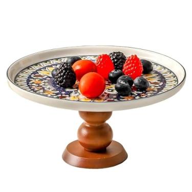 Imagem de Suporte de bolo de cerâmica com elegante pé curvado de madeira, suporte de sobremesa versátil de 20 cm, conjunto de exibição de mesa de sobremesa 2 em 1 e tábua de charcutaria para queijo/batatas