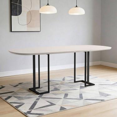 Imagem de Mesa de Jantar 8 Lugares Retangular Orgânico Com Vidro 200cm Pés Industrial Alina N01 Off White Preto - Lyam Decor