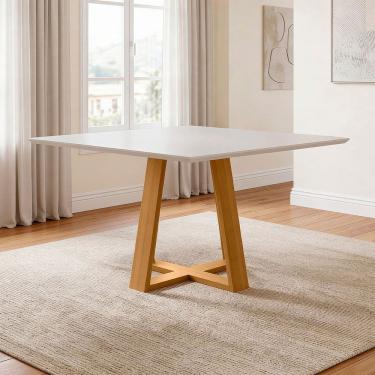 Imagem de Mesa de Jantar 8 Lugares Quadrada 135cm Tampo MDF Com Vidro Elian N01 Ypê Off White - L...