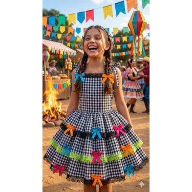 Imagem de Vestido Banana Club Luxo Xadrez Preto  Alças Ajustáveis para Arraiá, P