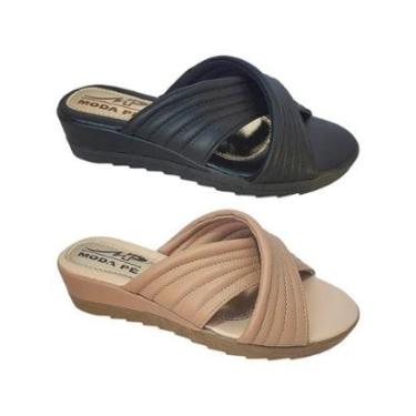 Imagem de Kit 2 ParesTamanco Feminino Tiras Anabela Super Conforto Moda Pé-Feminino