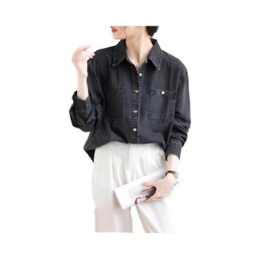 Imagem de Camisa Jeans Vintage Preta Feminina, Manga Longa Fina, Estilo Streetwe