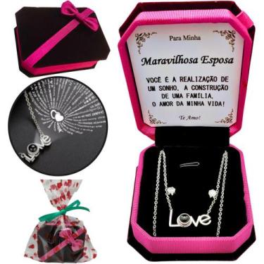 Imagem de Colar Conjunto Love Presente Aniversário Esposa Projeção Eu Te Amo 100