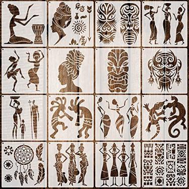 Imagem de Zonon 16 peças estêncil tribal africano máscara do Congo estêncil rostos tribais estêncil modelo de estêncil africano arte e artesanato pintura de parede estêncil e anel aberto de metal para pintura