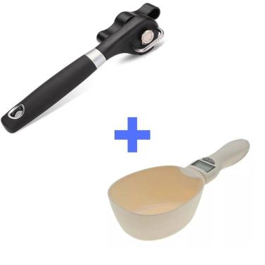 Imagem de Abridor De Latas Manivela Sem Rebarbas Aço Inox Resistente + Balança Digital Medidor Colher Cozinha Solidos E Liquidos