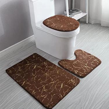Imagem de Tapetes de chão de banheiro com estampagem a quente Conjunto de três peças de mármore de pelúcia Padrão de decoração de banheiro com deslizamento a quente Tapete antiderrapante, marrom