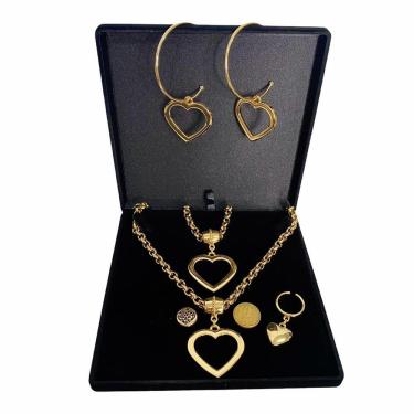 Imagem de Kit Colar + Pulseira + Argolas + Anel Coração Vazado Elo Português Grosso