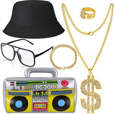 Imagem de Yaromo Kit de 6 peças de fantasia de hip hop 80s/ 90 acessórios de rapper, chapéu, óculos de sol, corrente dourada, chapéu de balde, boom, corrente de ouro e anel com pingente de placa de dólar, pulseira