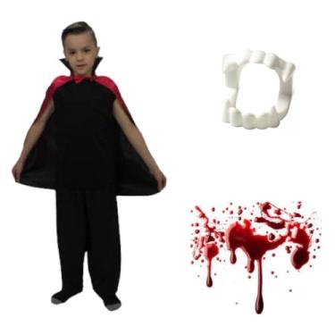 Imagem de Fantasia Halloween Menino Conde Drácula Capa de Vampiro Infantil Completo com Sangue e Dentadura