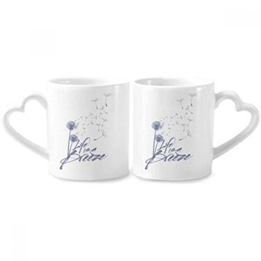 Imagem de Conjunto de canecas de porcelana para casal, ilustração de flores de dente-de-leão, copo de cerâmica com alça de coração
