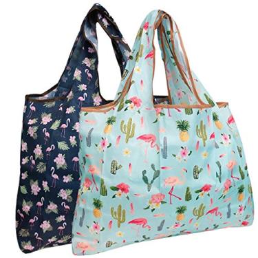 Imagem de Sacos de compras reutilizáveis de nylon grandes e ecológicos da Wrapables (conjunto com 2), Flamingo Fun
