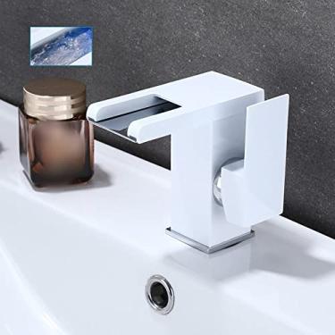 Imagem de Conjunto de torneiras de lavatório de banheiro com cascata de LED de latão Misturador de água quente e fria Torneira para pia com guindaste Mudança de cor Alimentado por torneiras de fluxo de água, branco A