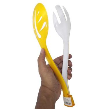 Imagem de Pegador Para Salada Alimentos Cozinha Plastico Garfo Colher Amarelo (S