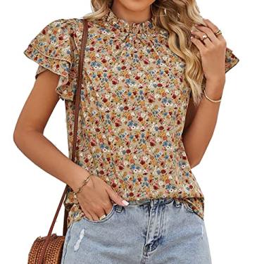 Imagem de Camisetas femininas casuais com estampa floral, blusas de gola redonda blusas camisas manga curta verão, A, GG (busto: 114 cm)