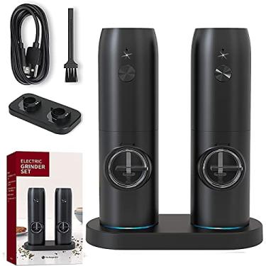 Imagem de Conjunto de moedor elétrico de sal e pimenta, moinho automático de sal e pimenta recarregável com base recarregável, cabos USB, moinhos de granulometria ajustável, operação com uma mão, luz LED (conjunto de moedores carregados via USB)