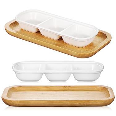 Imagem de Pratos de molho divididos, 2 peças de travessa de cerâmica branca, 3 compartimentos, bandeja de servir aperitivos com bandeja de madeira, copos de molho pequenos, tigelas para sushi, molho de tomate,