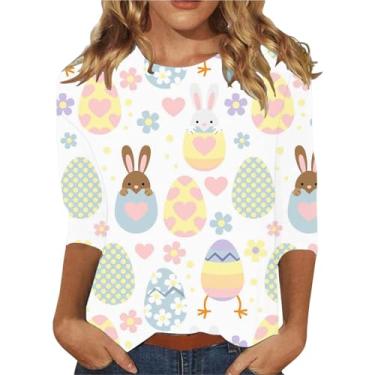 Imagem de Elogoog Camisetas femininas para o Dia de Páscoa com manga 3/4, coelhinho da páscoa, camiseta de férias fashion pulôver de férias, Bege - 2, P
