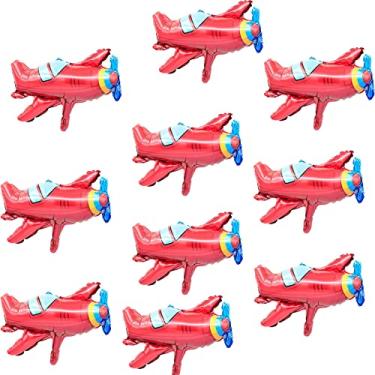 Imagem de BIEUFBJI Red Airplane Helicopter Plane Foil Balloon Aviator Adventure Themed 10 Pcs, For Birthday Theme Party Decoration (14.9 x 12.9 inch)