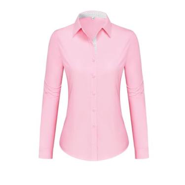 Imagem de siliteelon Camisas femininas com botões de algodão e manga comprida para mulheres, sem rugas, blusa de trabalho elástica, rosa, G
