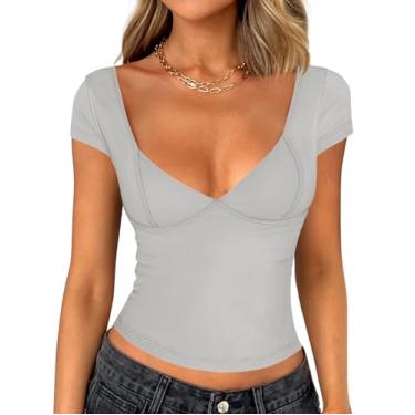 Imagem de Zeagoo Camiseta feminina 2024 sexy decote V profundo manga curta slim fit costas nuas lindo espartilho Y2k Cami Top, Cinza claro, G