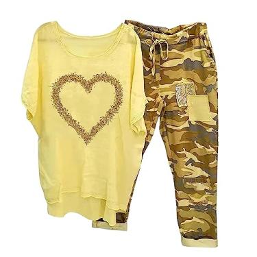 Imagem de Conjunto de 2 peças de linho para mulheres, férias de verão, estampa de coração, camiseta de manga curta, caimento solto, calças camufladas para sair, Amarelo, 3G