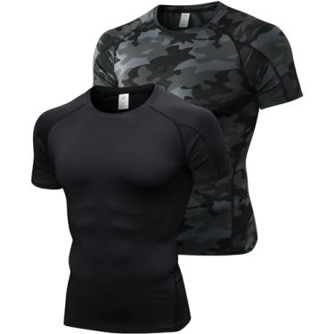 Imagem de SPVISE Pacote com 2 ou 4 camisetas masculinas de compressão de manga curta e secagem fresca para academia esportiva, Pacote com 2, preto + preto camuflado, P
