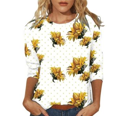 Imagem de Túnica feminina casual verão 2024 manga 3/4 estampa floral vintage camisetas confortáveis camisetas básicas, Bege, XXG