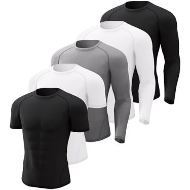 Imagem de CL convallaria Pacote com 5 camisetas masculinas de compressão – blusas de treino de manga longa/curta – Rash Guard Athletic Undershirt Gym Shirts for Sports, A-2 preto + 2 branco + cinza, GG