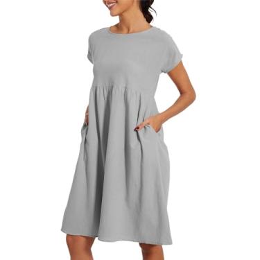 Imagem de Vestidos de verão para mulheres 2024 novo vestido feminino de gola redonda casual e confortável de algodão manga curta vestido de praia com, Prata, GG