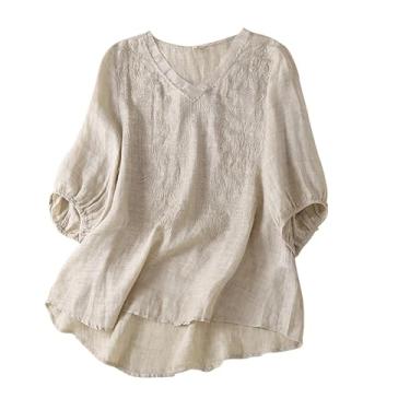 Imagem de Camiseta feminina bordada de algodão e linho, caimento solto, cor sólida, gola V, manga 3/4, túnica, Bege, XXG