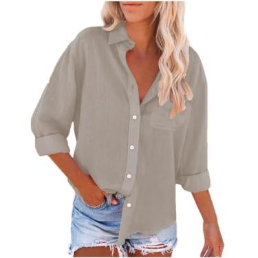 Imagem de Camisetas de linho femininas com bolsos, manga comprida, gola V, blusa de botão, caimento solto, cor lisa, Caqui, 3G