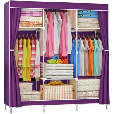 Imagem de Guarda-roupa de lona Guarda-roupa de tecido Guarda-roupa dobrável Organizador de armazenamento de armário com trilho suspenso, prateleiras de guarda-roupa para quarto, roxo, 105x46x156cm
