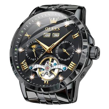 Imagem de OLEVS Relógios masculinos automáticos com corda automática, esqueleto mecânico, luxuoso, para negócios, aço inoxidável, impermeável, relógios turbilhões para homens (mostrador azul/preto), 6691: