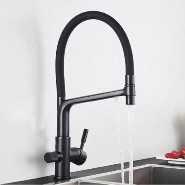 Imagem de Torneira de pia de cozinha dourada escovada, misturador de filtro de água pura, guindaste com alça dupla, purificação de água quente e fria, preto fosco