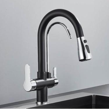 Imagem de Torneira de água pura preta dourada, com dois modos de água, torneira de pia de cozinha com filtro, cromada preta