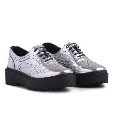 Imagem de Sapato Oxford Feminino Tratorado Metalizado Clássico - Q&A, 37, Prata