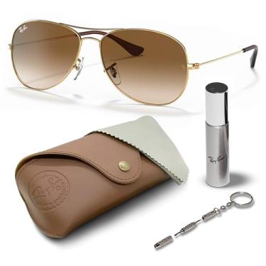 Imagem de Ray-Ban RB3362 COCKPIT Óculos de sol piloto com kit de óculos – protetores de nariz ajustáveis – Óculos de sol retrô, Armação dourada polida Arista | Lente gradiente marrom claro, 59mm