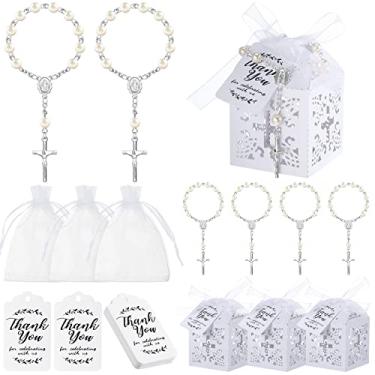 Imagem de Conjunto de 100 peças de rosários para batismo, incluindo 25 peças de mini rosário, 25 peças de caixas de lembrancinhas cruzadas, 25 peças de sacolas de presente de organza e 25 peças de etiquetas de agradecimento, presentes de retorno de convidados para chá de bebê, decoração de casamento (prata)