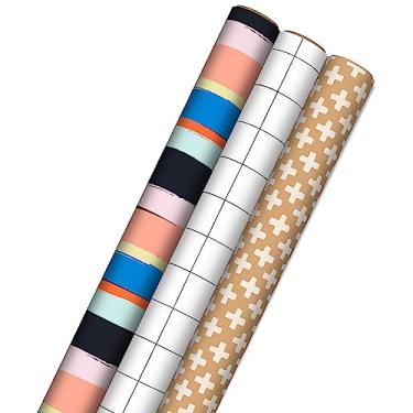 Imagem de Hallmark Papel de embrulho Kraft reciclável com cortes no avesso (3 rolos: 1,8 m²) Listras em negrito, xadrez preto e branco para aniversários, chás de bebê, formaturas, feriados