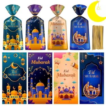 Imagem de 100 pçs Ramadan Goodie Bag - Sacos de presente Eid Mubarak, sacos de celofane de plástico Ramadan Mubarak, 4 estilos Ramadan Goody Candy Favor Treat Bags com laços dourados para festa islâmica