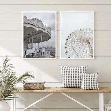 Imagem de Kit 2 Quadros Fotografias Brancas Carrossel E Roda Gigante 33x24cm - Q