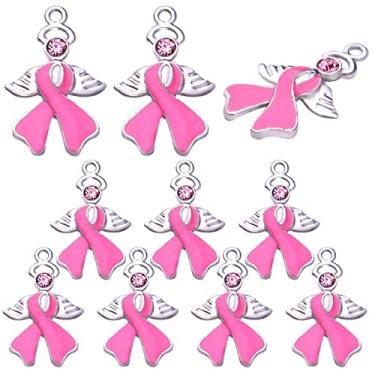 Imagem de 10pcs Pink Ribbon Pendants Breast Cancer Awareness Charms with Angel Wing Enamel Rhinestone Ribbon Charms Jewelry Making Accessories for DIY Crafts Necklace Bracelet Earrings