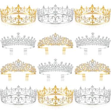 Imagem de Sasylvia Conjunto de 12 peças de coroa de rei e rainha de Halloween, 6 coroas de rei real para homens, 6 tiaras de cristal e coroa para mulheres, faixa de cabeça vintage barroca de metal com strass