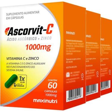 Imagem de Kit 3 Vitamina C e Zinco Ascorvit C 1000mg 60 Cápsulas Maxinutri