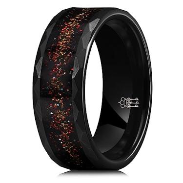 Imagem de THREE KEYS JEWELRY Aliança de noivado de carboneto de tungstênio altamente polido de 8 mm para mulheres, ajuste confortável, design martelado, bordas embutidas, areia preta com pedra opala, 14, Metal,