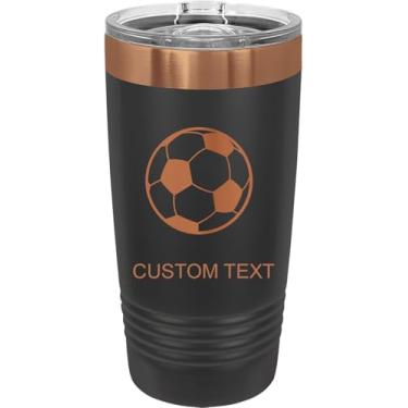 Imagem de Bola de futebol, copo de aço inoxidável personalizado gravado a laser 590 ml café de viagem preto/ouro rosa banhado a íon parede dupla carro viagem caminhão caneca gola redonda personalizável, tampa