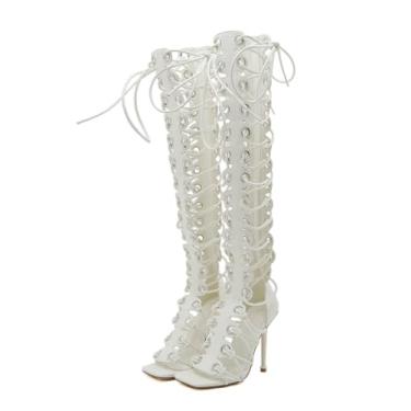 Imagem de STUPMARY Sandália feminina peep toe com recortes cruzados com cadarço e salto alto gladiador com zíper acima do joelho bota verão, Branco, 37